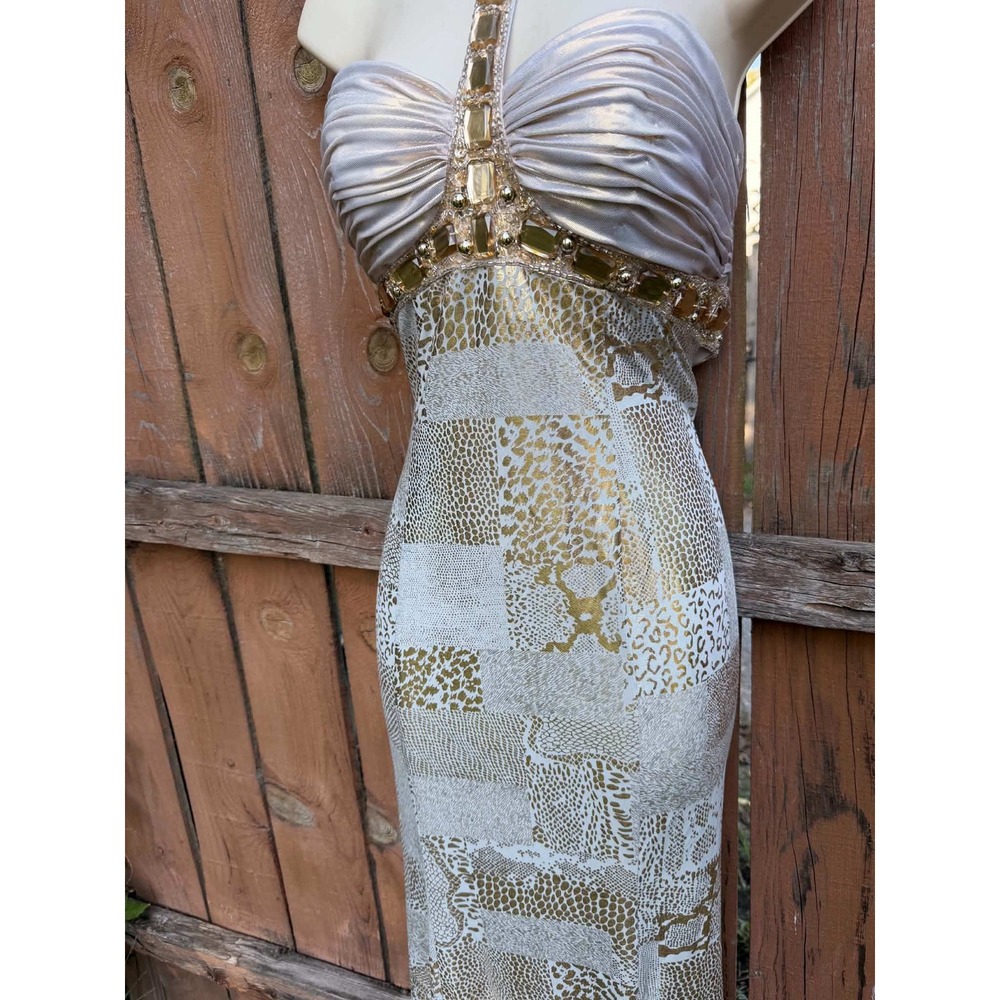 Studio 17 Gold Metallic Animal Print Embellished Halter Prom Gown Dress Size 8